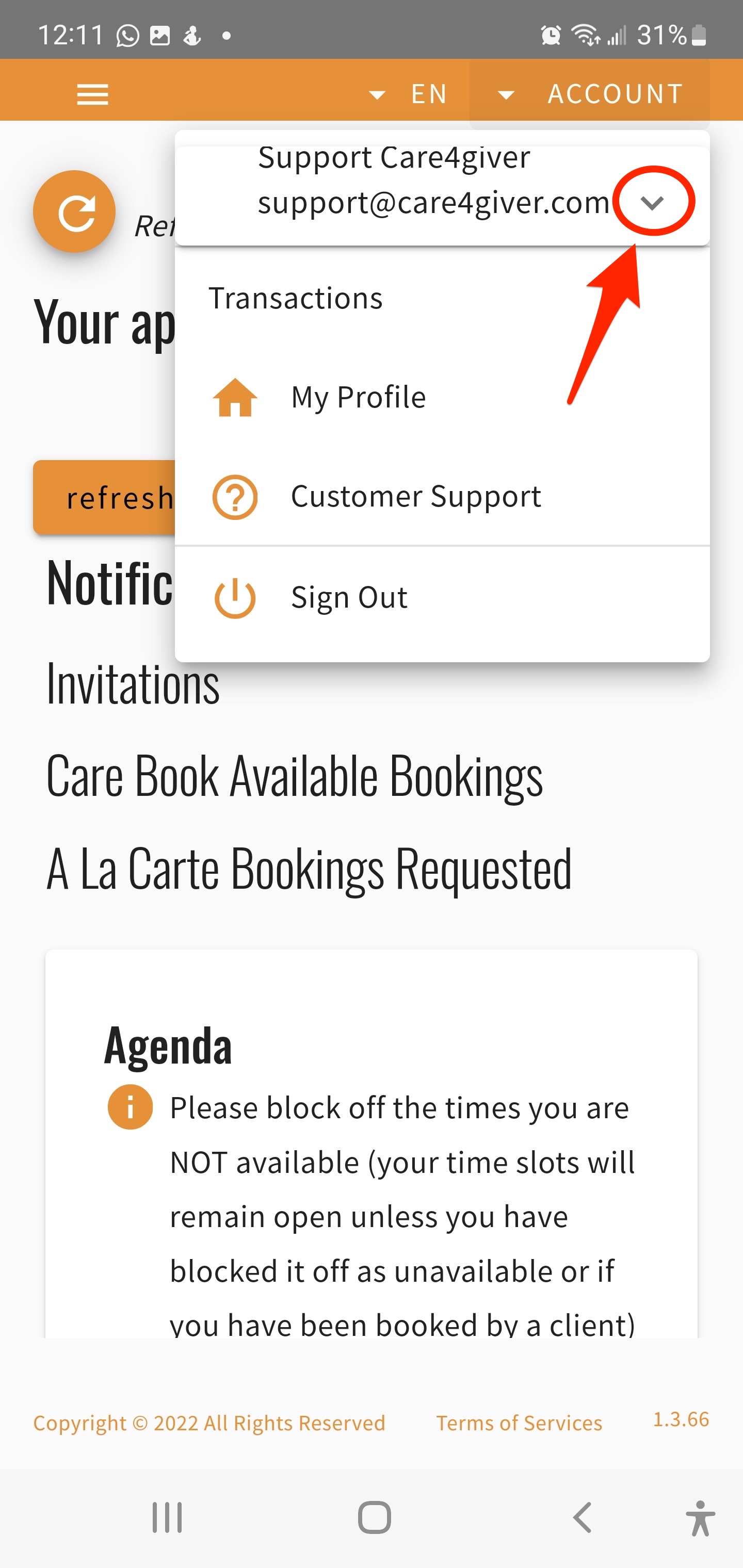 Menu Compte ouvert dans l'application Care4giver