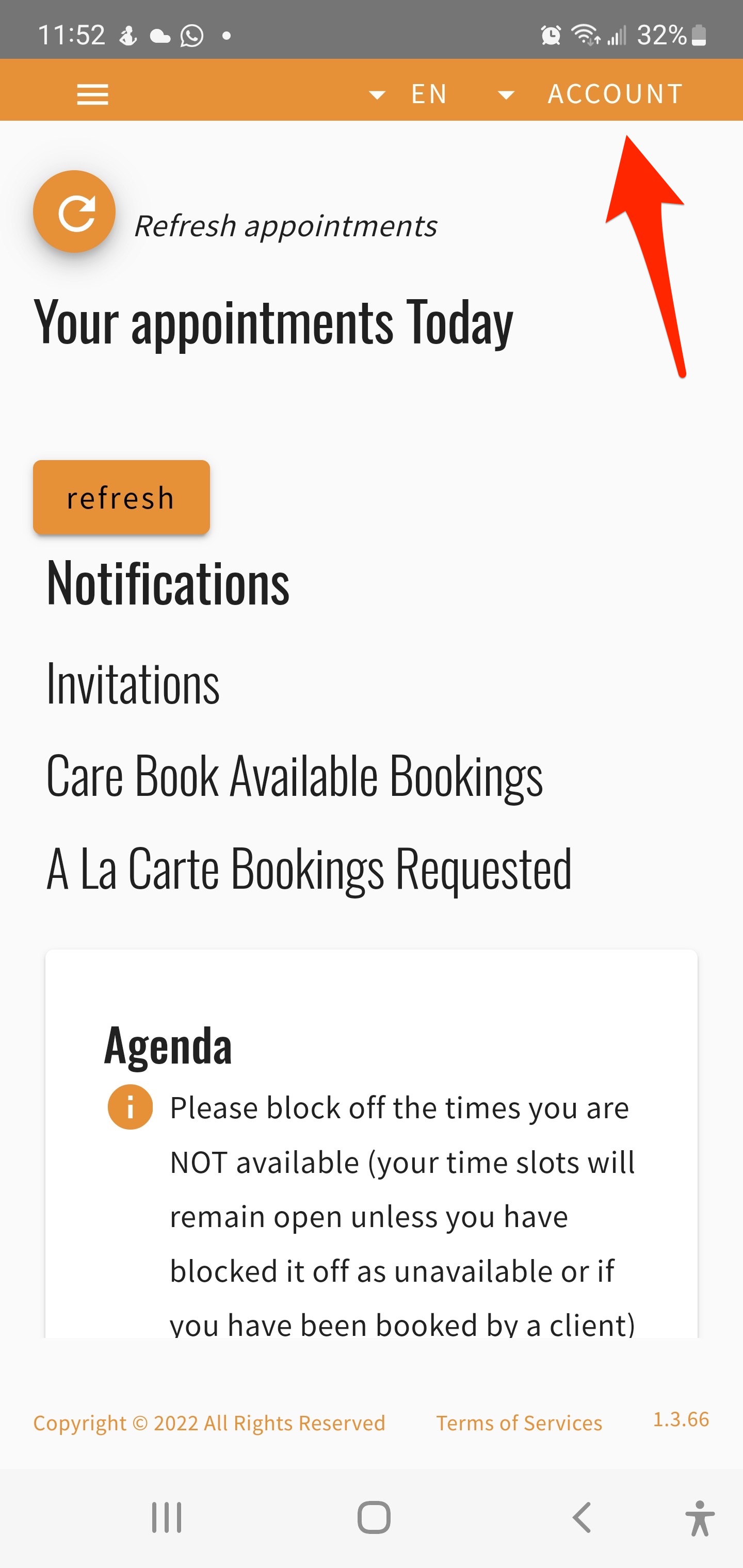 Application Care4giver avec le menu Compte