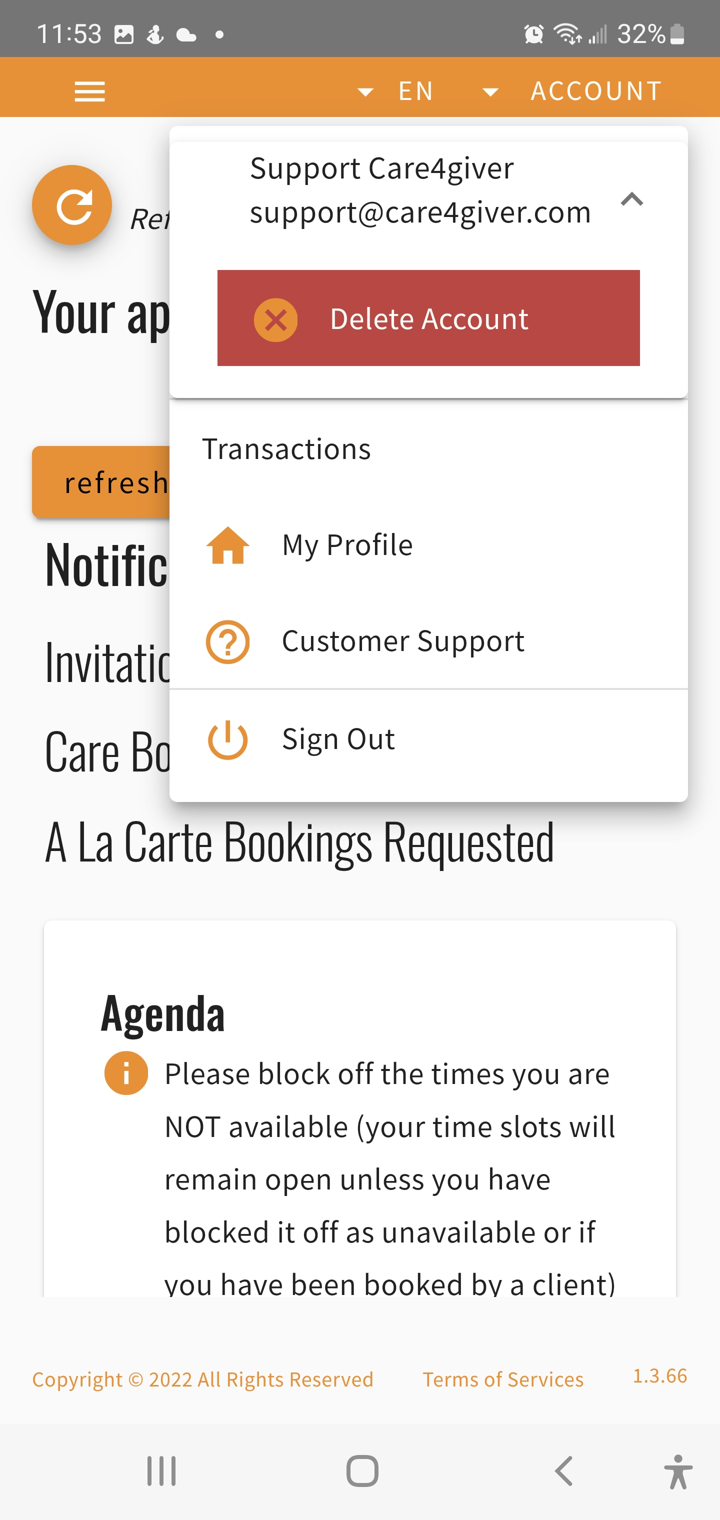 Confirmation de suppression du compte dans l'application Care4giver