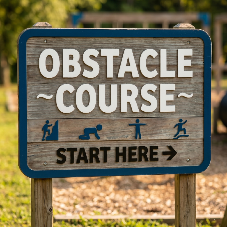 Outdoor wooden sign reading 'OBSTACLE COURSE' with 'START HERE' and blue pictograms indicating activity