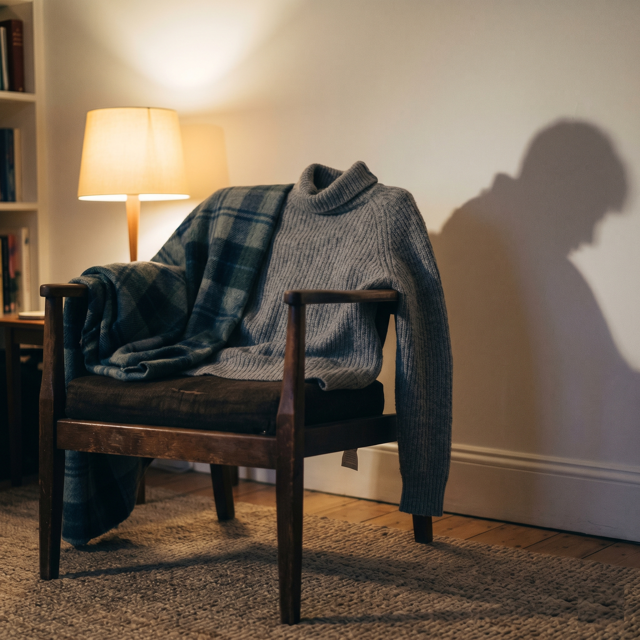 Wooden armchair with a plaid blanket and a gray knitted sweater draped over it, in a warmly lit living room.