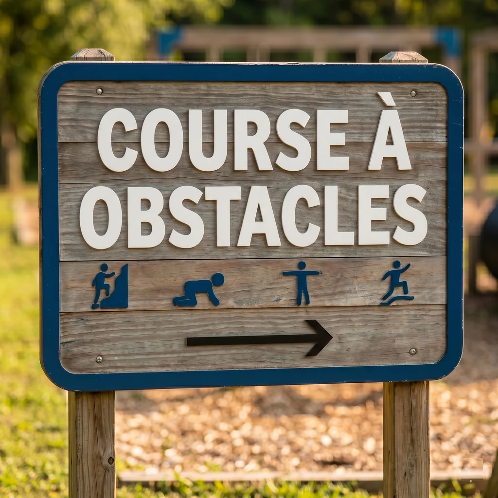 Panneau extérieur en bois indiquant COURSE À OBSTACLES avec des pictogrammes bleus